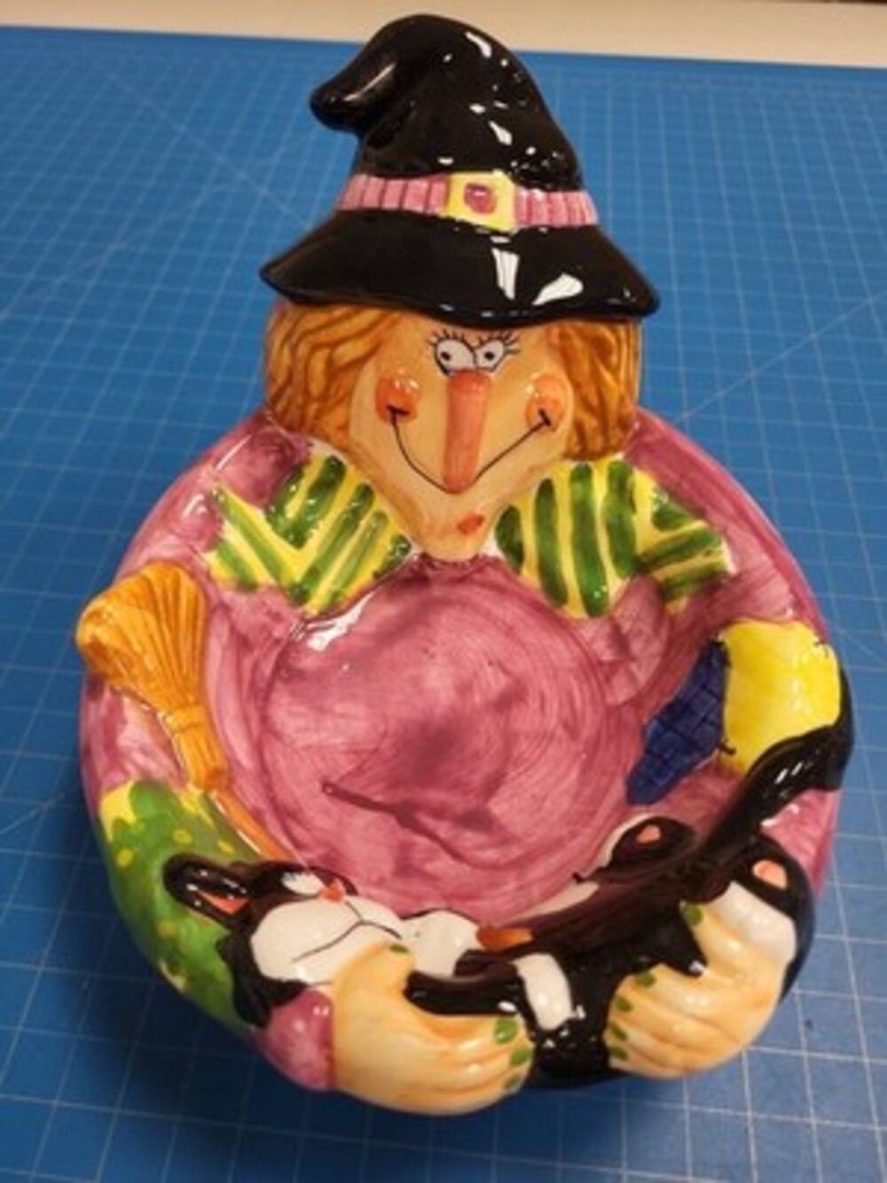 WCL Vintage Ceramic Halloween Witch Candy Dish Bowl Decor Cat Broom Spooky